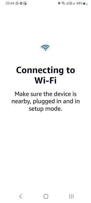 Alexa app connecting an Echo speaker to a Wi-Fi network.