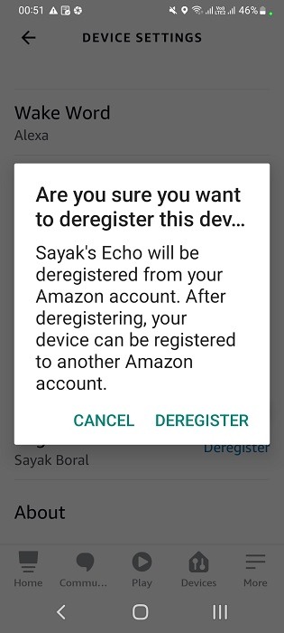 Alexa app deregister confirmation for Amazon Echo speaker on Android.