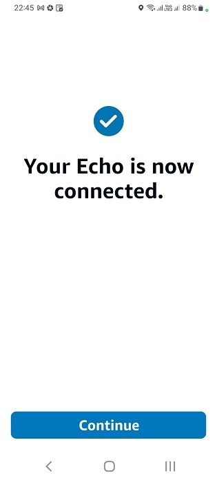 Echo connected message on Alexa app for Android showing Wi-Fi connection. 