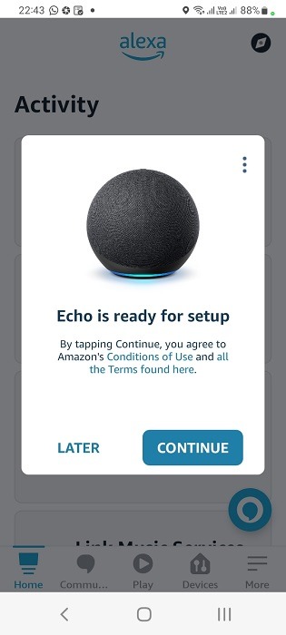 Echo showing it's ready for set up in Android app for Alexa.