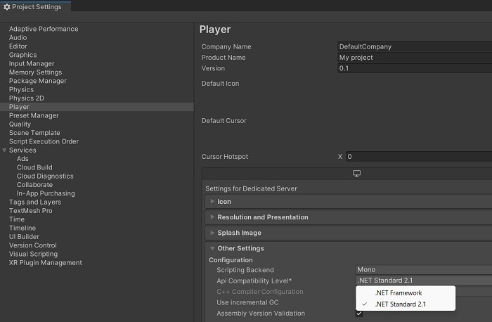 Unity's API compatibility settings changed to latest version of .NET as shown.
