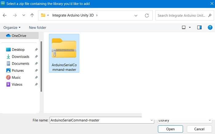 Import ZIP folder containing serial command library in Windows 11.