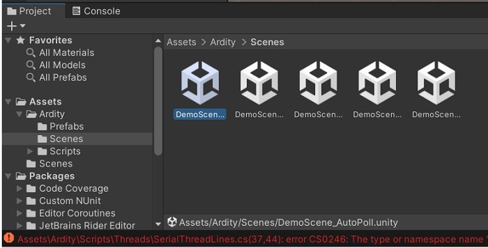 Demo scenes of Ardity visible in Unity Projects.