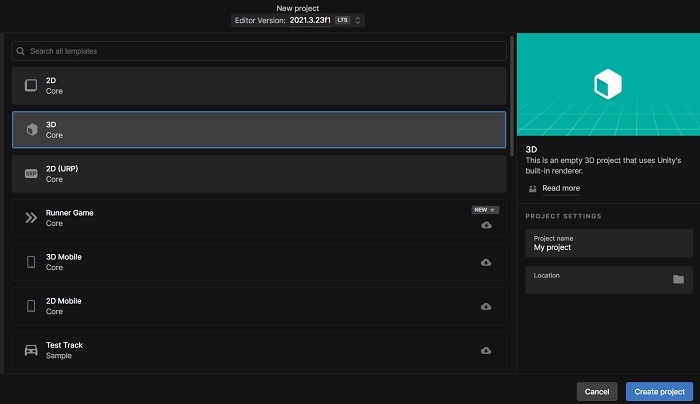 Create 3D project in Unity window as shown.