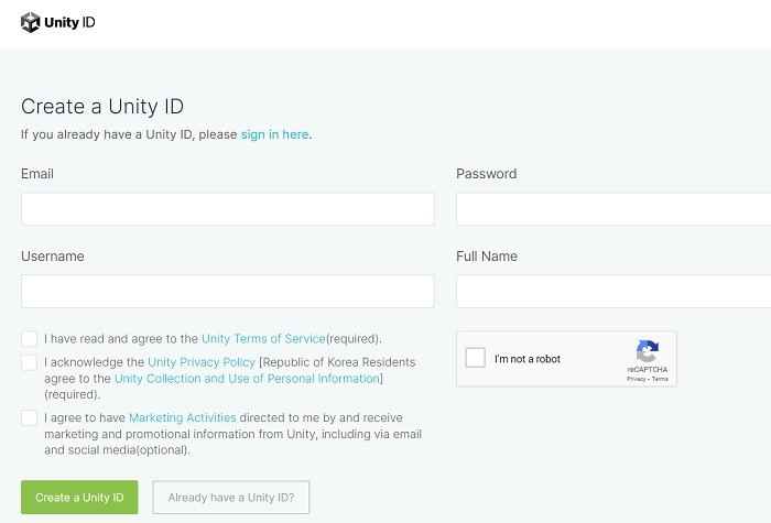 Creating a Unity ID online.
