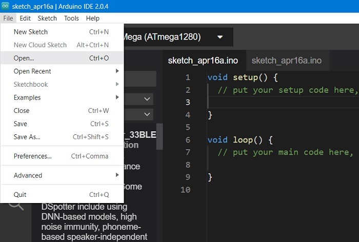 File Open in Arduino IDE for Windows.