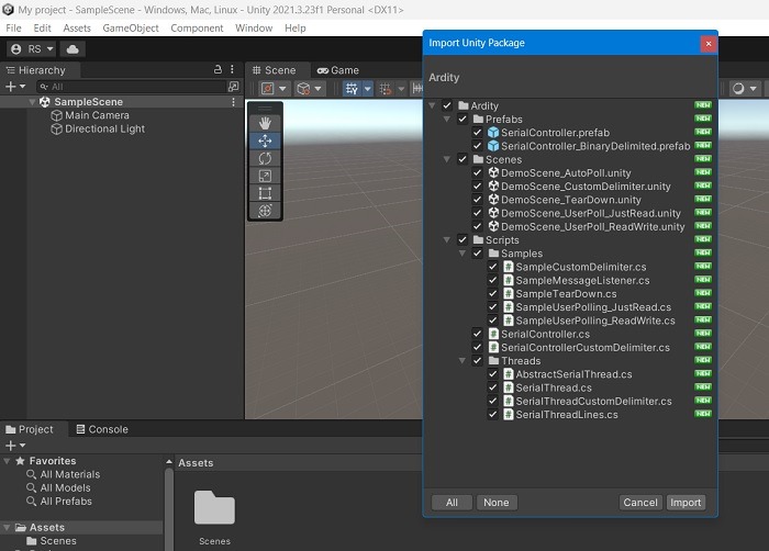 Ardity components installing in Unity software one by one. 