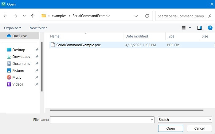 PDE file of SerialCommandExample imported via Arduino's Windows folders.