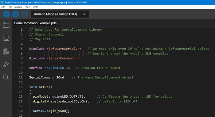 SerialCommandExample PDE file imported in Arduino IDE.