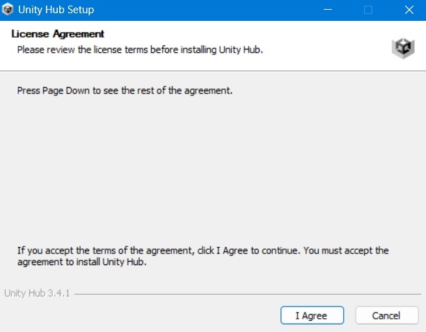 UnityHub license agreement in Windows 11 during installation. 