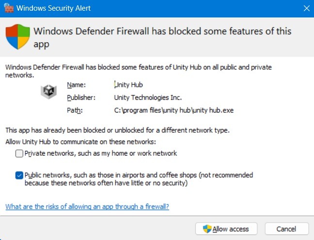 Unity Hub blocked by Windows 11 Firewall.