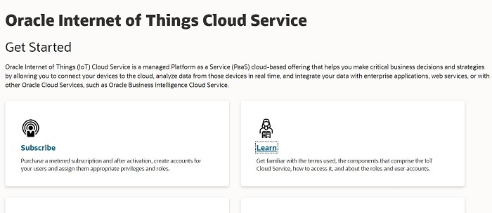 Oracle Internet of Things Cloud service homepage.
