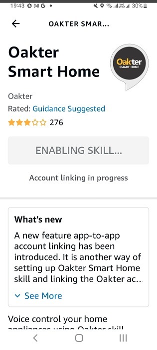 Enabling IR blaster app skill in Alexa for the Alexa app in Android.