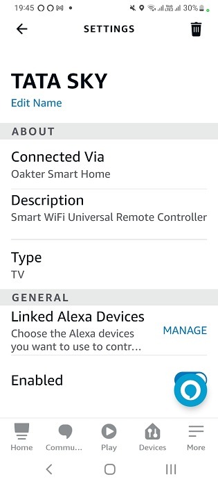 Smart Wi-Fi universal remote controller available in TV app settings for Alexa.