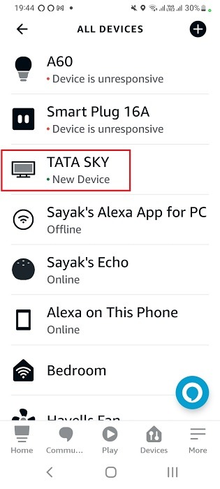 TV device visible in All Devices section of Alexa app for Android.