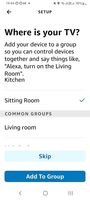 Alexa guiding you to where your TV is placed - sitting room selected.