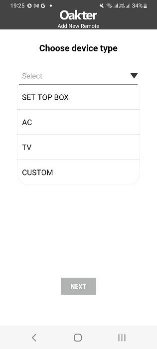 Choosing device type to connect for IR remote among set top box, TV, AC and custom options.