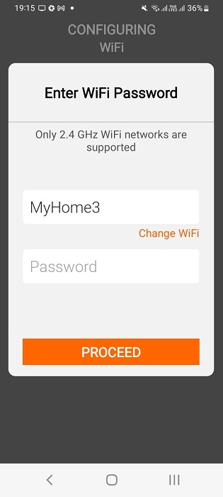 Entering Wi-Fi SSID and password to configure IR Blaster app on Android.