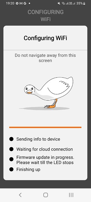 Ongoing configuration of home Wi-Fi in IR blaster device on its Android manufacturer app.