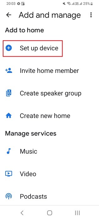 Click set up device in Google Assistant's Add and Manage sub-menu.