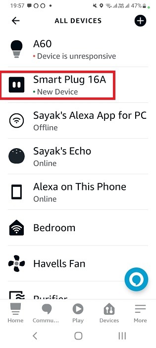 Smart plug added in All devices of Alexa app for Android. 