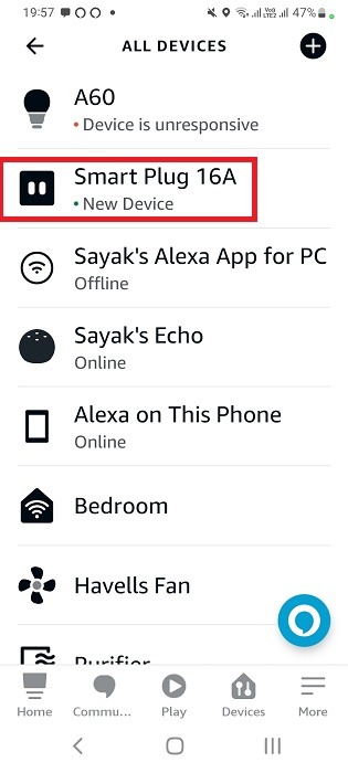 Smart plug added in All devices of Alexa app for Android.