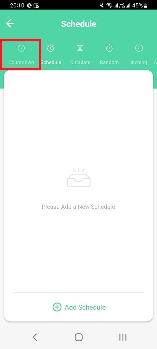 Click countdown option in smart plug app homescreen for Android.