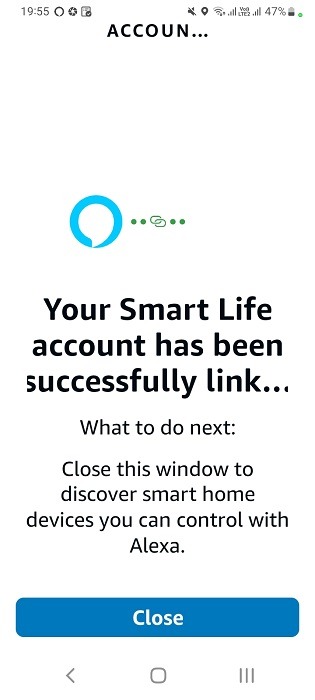Account linking successful with Alexa for smart plug app.