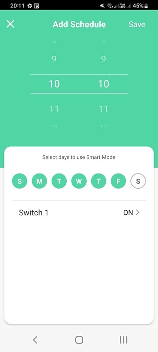 Schedule added in the smart plug app for weekdays and given time.