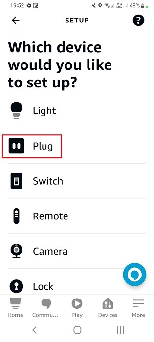 Select plug among various device categories in Alexa Android app.
