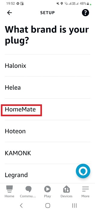 Smart plug brand selected in Alexa app for Android.
