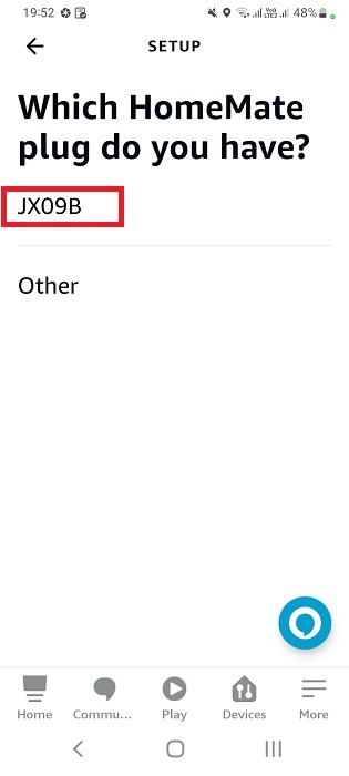 Type of plug selected in Alexa for Android app.
