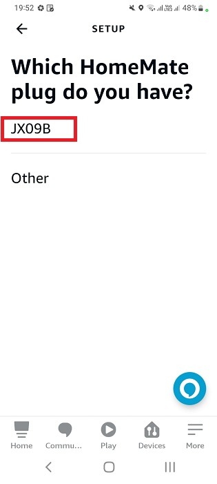 Type of plug selected in Alexa for Android app. 