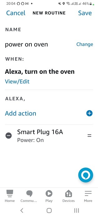Routine set in Alexa with action details including power on based on voice command.