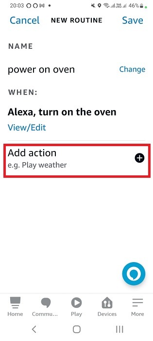 Add action to the voice routine b eing selected in Alexa.