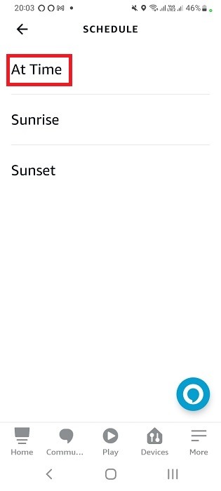 Schedule set in Alexa to turn on a device at scheduled time.