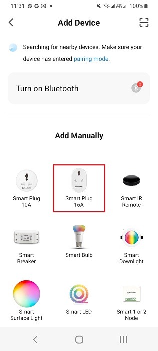 16 A smart plug added manually in HomeMate Smart app for Android.