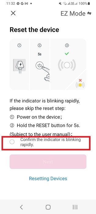Smart plug device reset confirm on HomeMate Smart app for Android. 