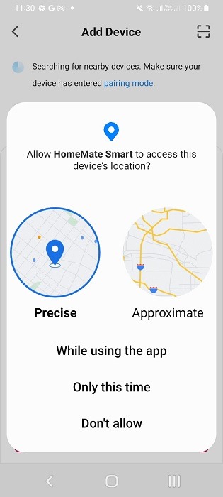 HomeMate Smart app receiving precise location permissions in Android.