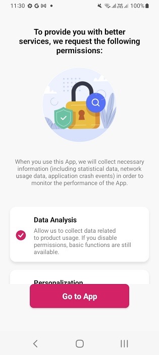 Smart plug app permissions received on Android phone. Data analysis.