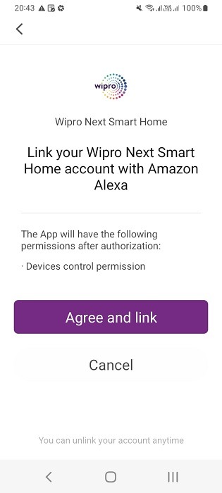 Agree and link smart home account with Alexa on Android.