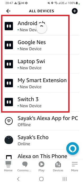Multiple smart power strip switches visible in All Devices of Alexa app for Android. 