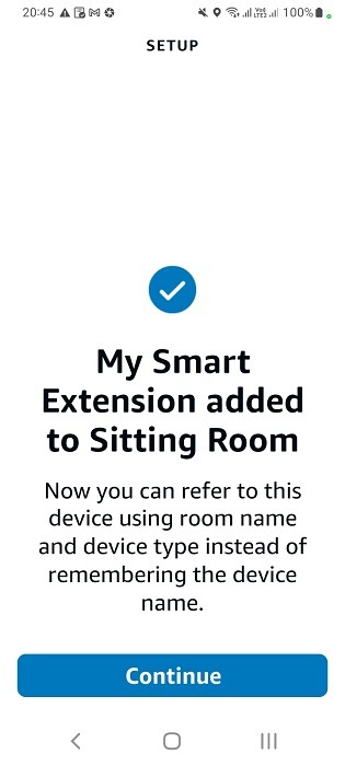 Extension added to a room in smart app containing Alexa skill for smart power strip.