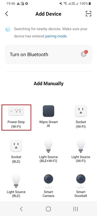 Add power strip manually to a smart home companion app on Android. 