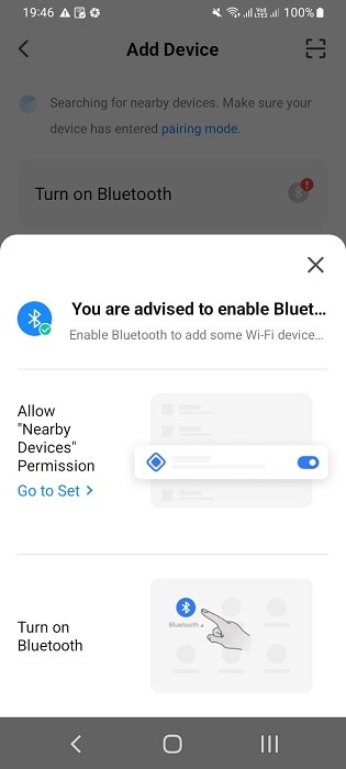 Smart home companion app advising to enable Bluetooth to add device in Android.