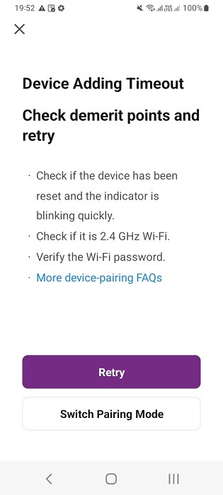 Device timeout errors in smart power strip companion app for Android. 