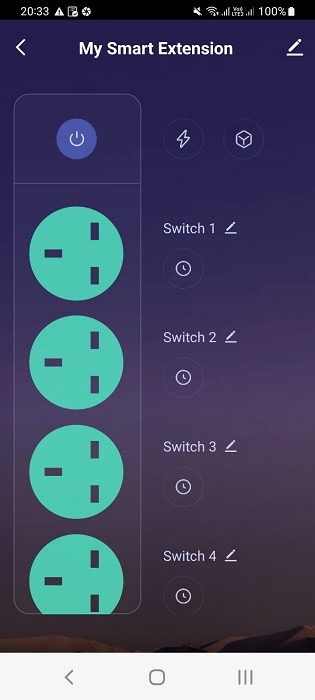 Online switches visible for a smart power strip/extension on Android phone app.