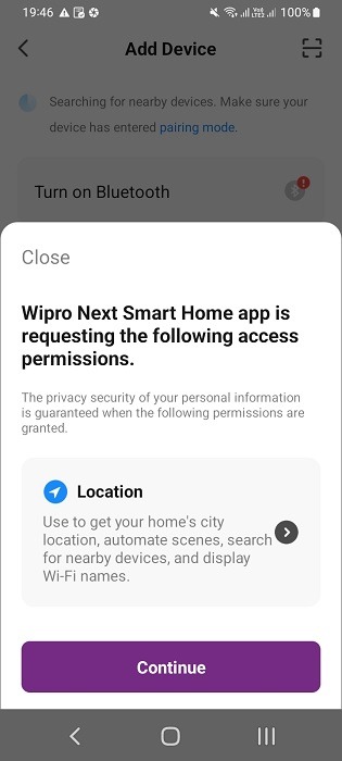 Location permissions granted for smart power strip in Android app.