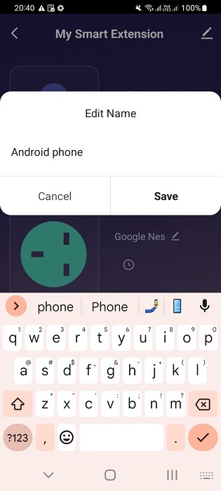 Renaming a switch as Android phone in Smart Power Strip's app.