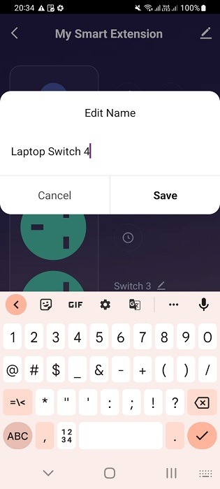 Renaming the switches of a smart power strip in its official Android app.